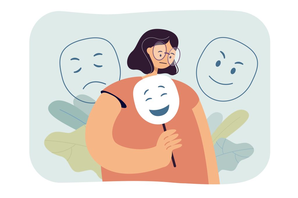 sad woman hiding emotions under mask
