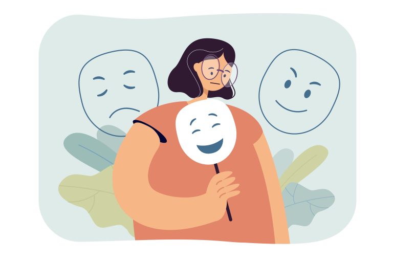 sad woman hiding emotions under mask